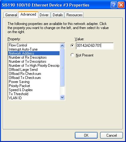 SiS190 network address
missing