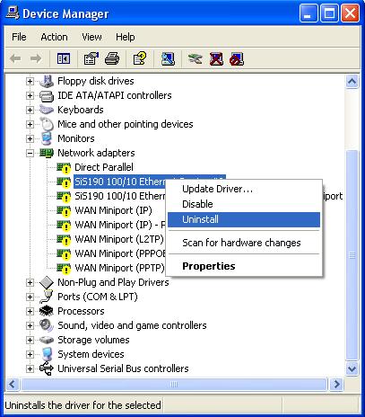 Uninstall Network
Adapter in Device Manager