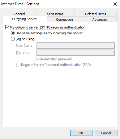 Outlook 2010 outgoing server settings