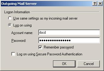 Outlook Express - Outgoing
mail server logon