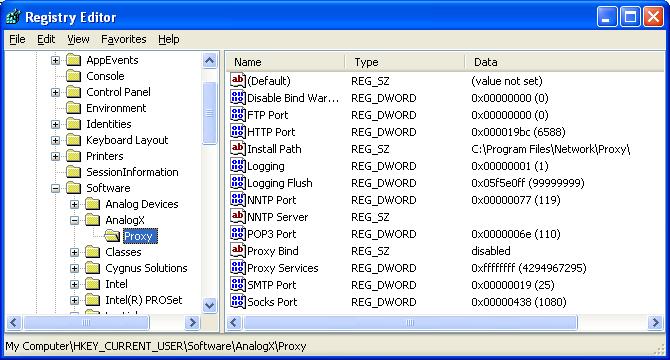 Registry editor - AnalogX Proxy keys