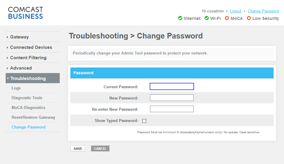 Comcast Business
router change password