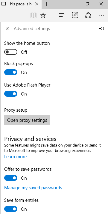 Microsoft Edge Advanced Settings options