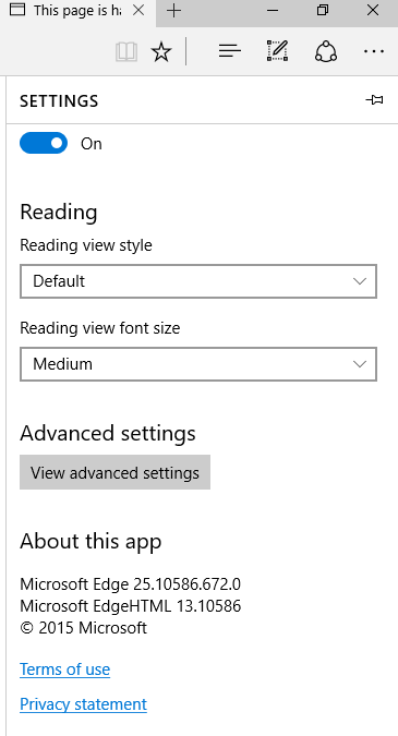 Microsoft Edge Settings options