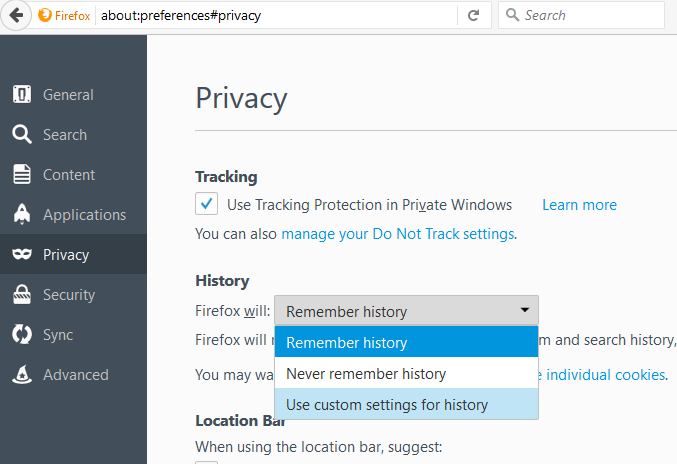 Firefox - use custom settings for
history