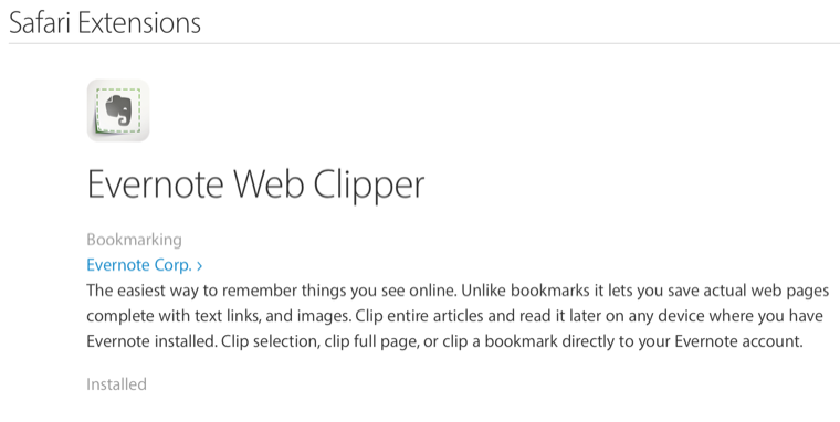 Evernote Web Clipper 
shown as installed