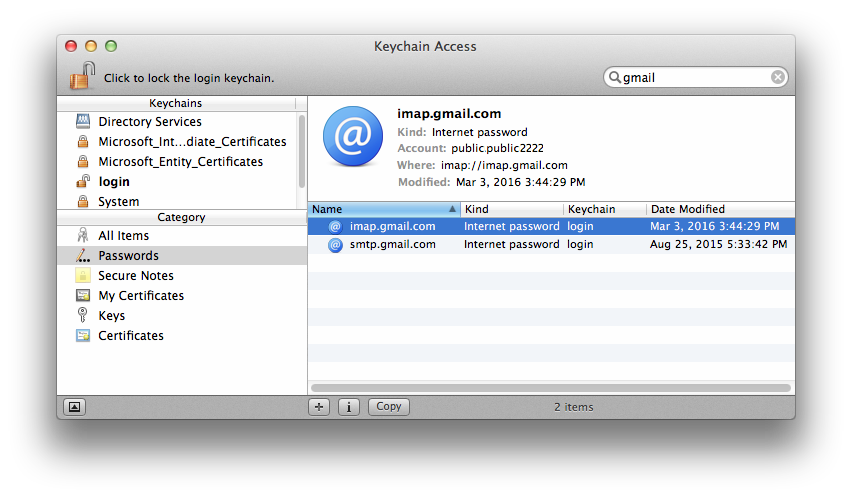 Keychain Access Gmail entries