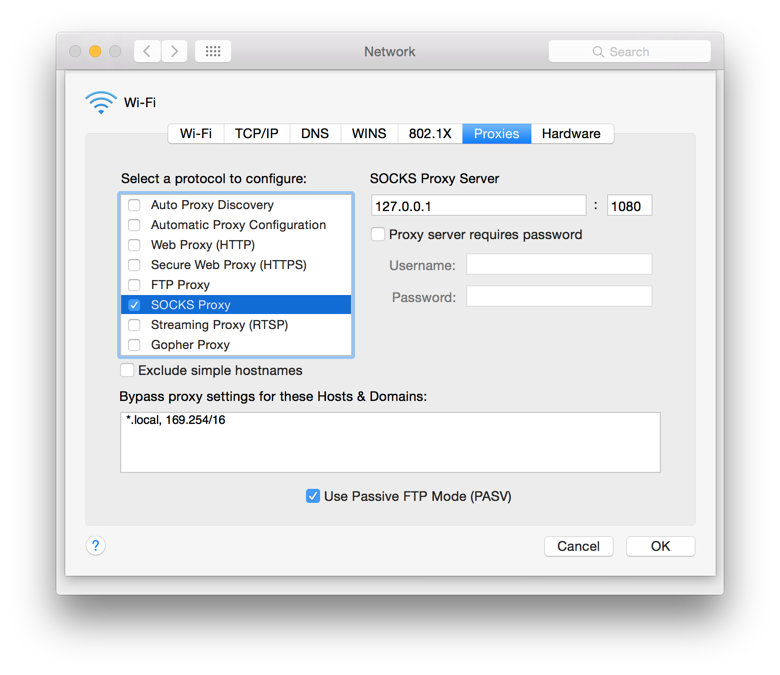 Using a SOCKS proxy server from an OS X system