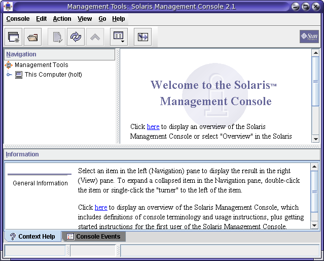 Solaris Management Console (SMC) start screen