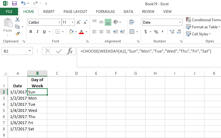 Excel - Choose function for Weekday