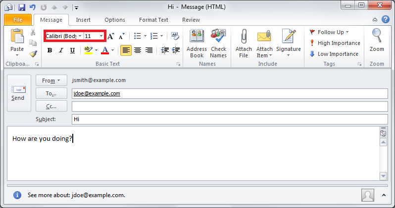 how to change new mail font size in outlook 2010