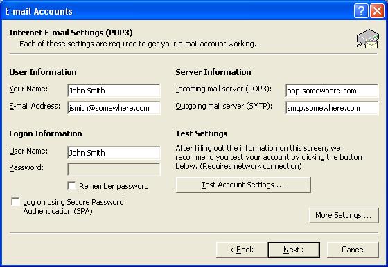 Outlook 2000 select
more settings for e-mail accounts