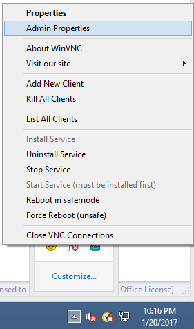 UltraVNC Select Admin Properties