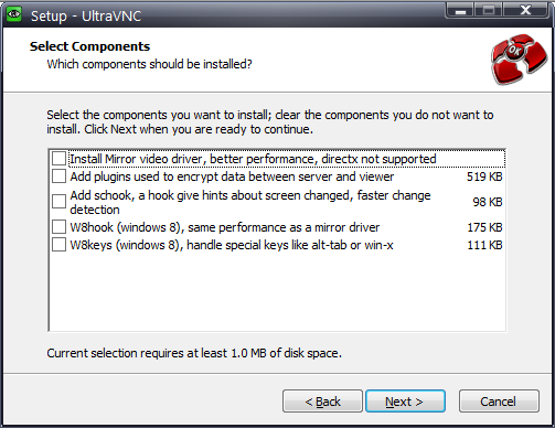 UltraVNC select components