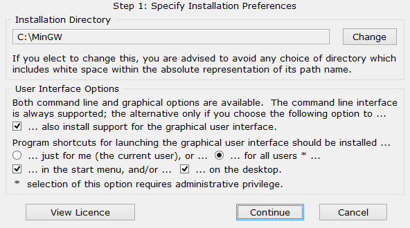 MinGW Installation Preferences