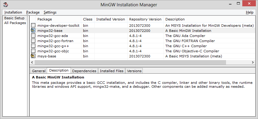 MinGW Packages Selected