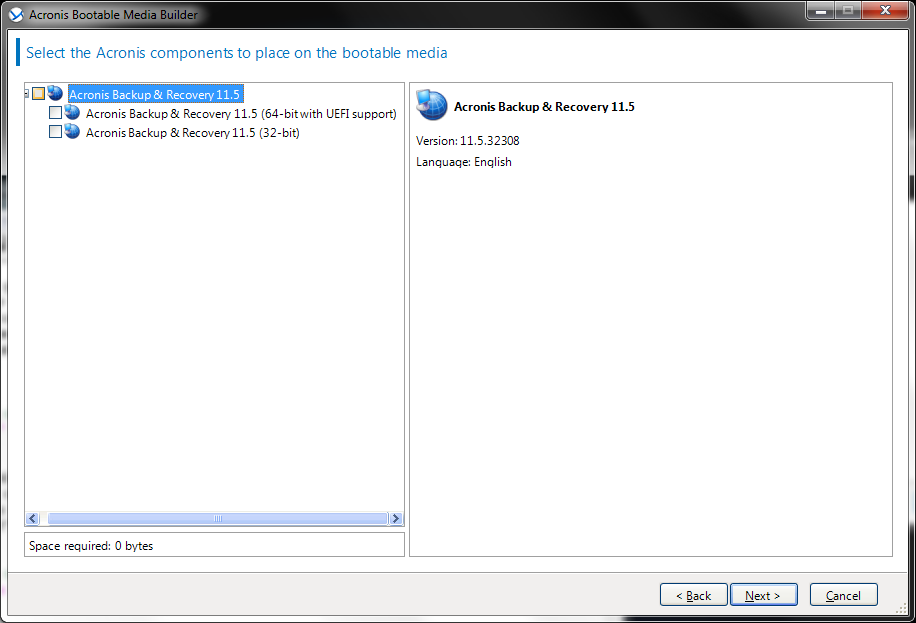 Acronis Bootable Media Builder 
components selection