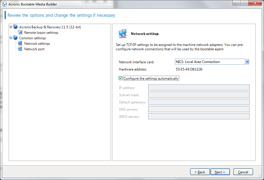 Acronis Bootable Media Builder 
network settings