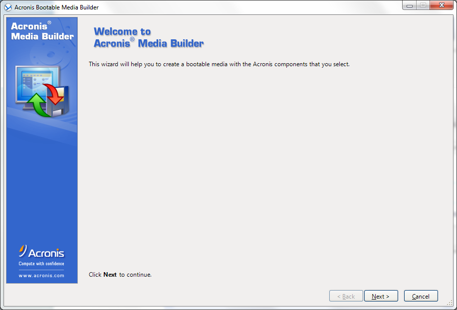 Acronis Bootable Media Builder welcome window