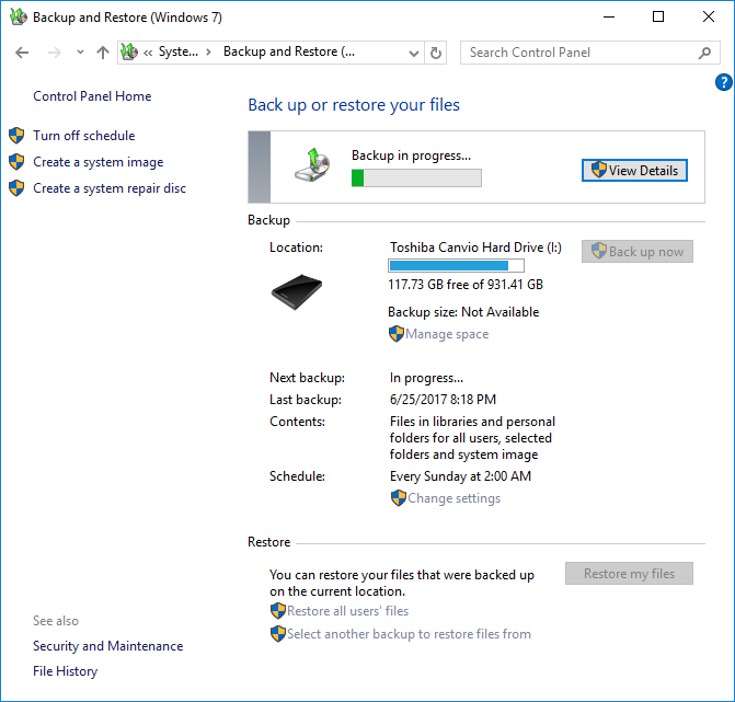 Check the scheduled backup for the Windows 10 backup program