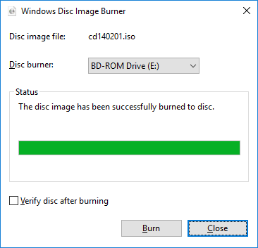 Windows Disc Image Burner - success