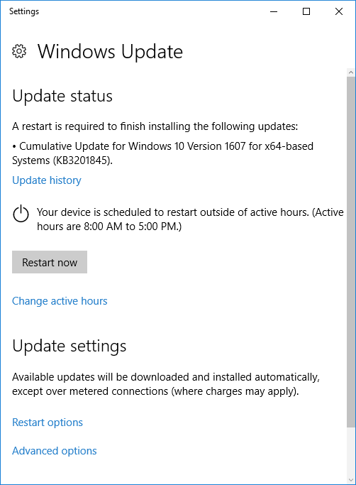 Windows Update active hours setting