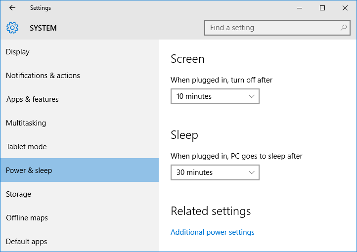 Changing PC sleep setting under Windows 10