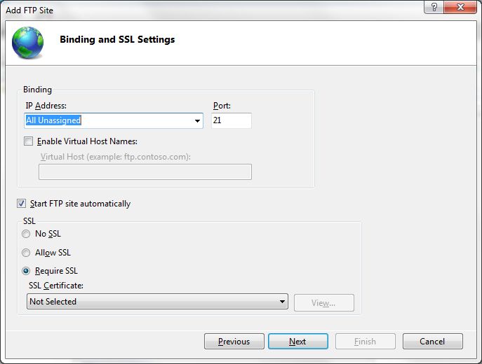 Binding and SSL Settings