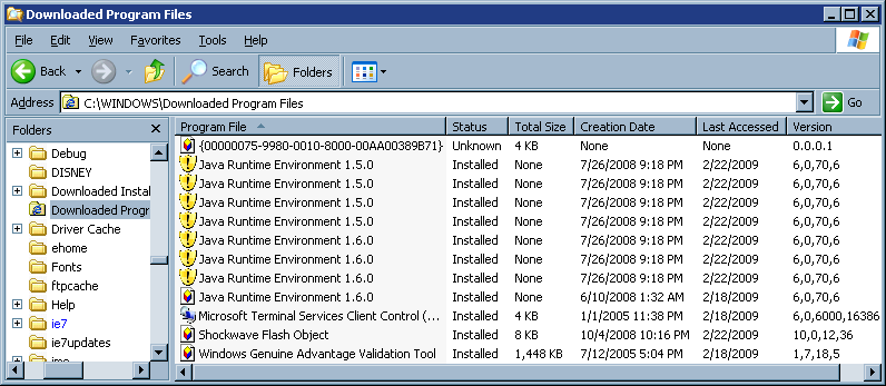 Downloaded program files list
in Windows Explorer