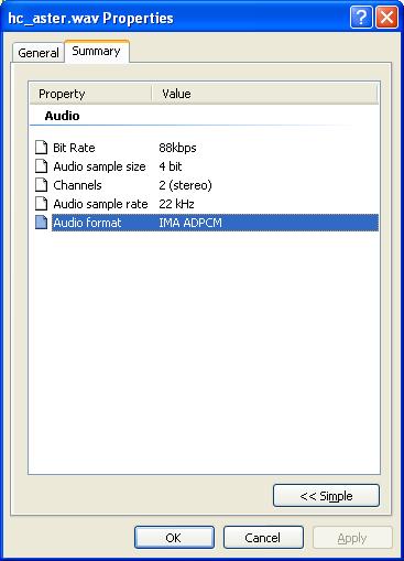 Properties summary tab for wav file