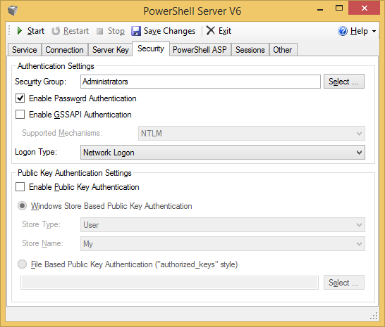 PowerShell Server Security tab