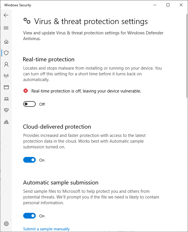 Windows Security Virus
and Threat Protection Settings Off