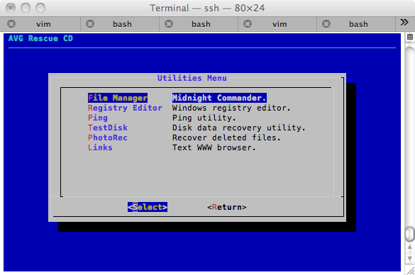 AVG Rescue CD utilities menu