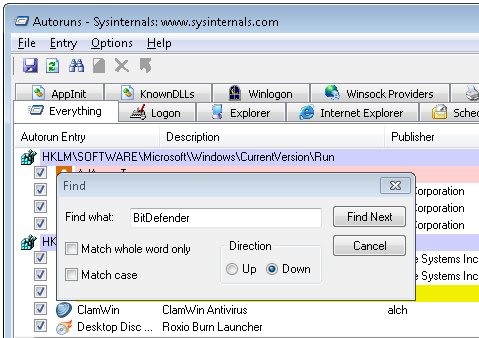 Autoruns find BitDefender