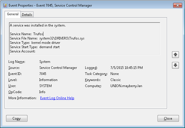 Event 7045 - Trufos.sys