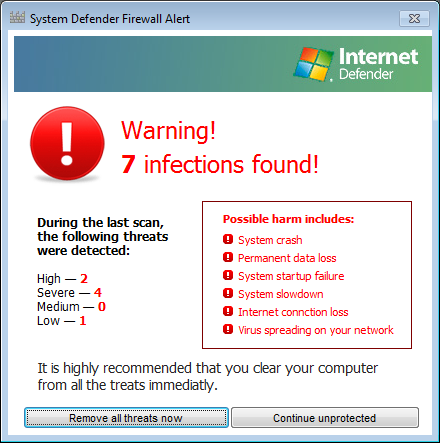 System Defender 7 infections found