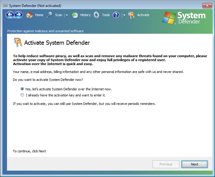 System Defender Activation Window