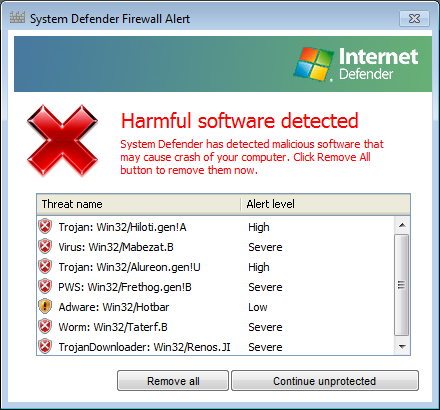 System Defender Harmful
Software Detected
