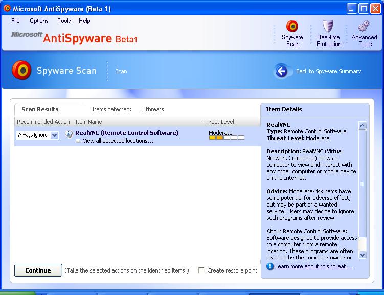 Microsoft AntiSpyware
detected UltraVNC