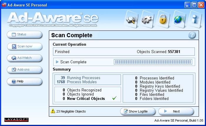 Ad-Aware SE scan complete