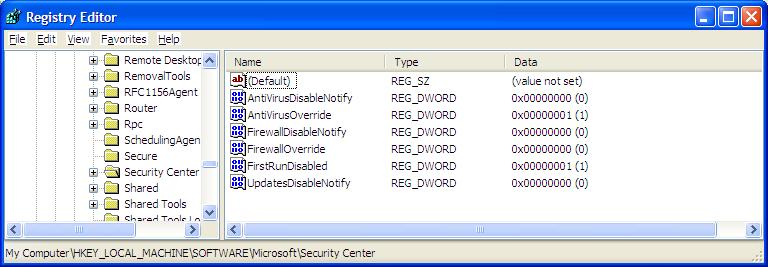 Regedit Security Center
AntiVirusOverride key