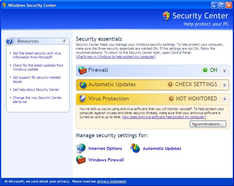 Security Center
Virus Protection not monitored
