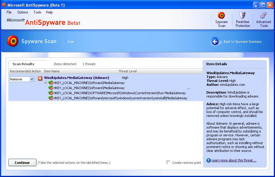 Microsoft Antispyware detected
WindUpdates.MediaGateway