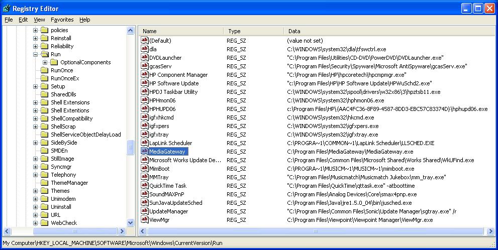 Regedit - run key for 
WindUpdates.MediaGateway