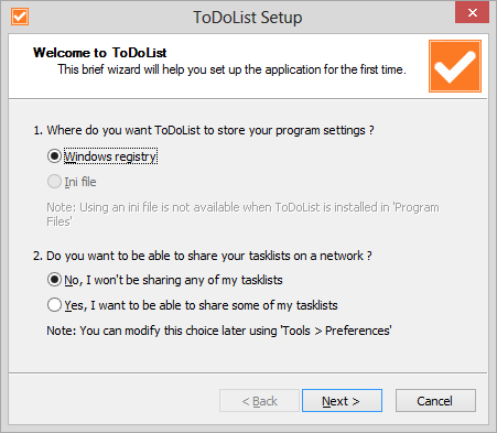 ToDoList setup program settings
