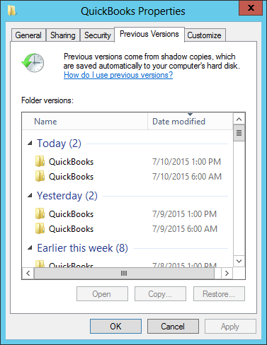 QuickBooks company folder previous 
versions
