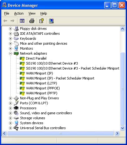 Device Manager Network
Adapters with yellow circle