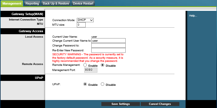 Cisco DPC3827 change password screen