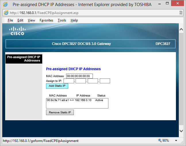 Cisco DPC3827 Pre-assigned DHCP Address