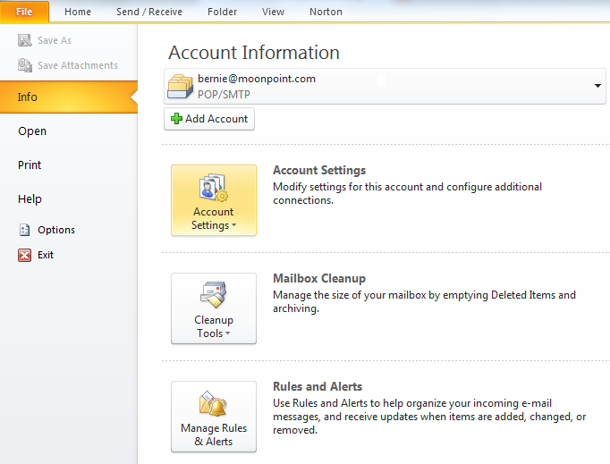 Outlook 2010 Account Information